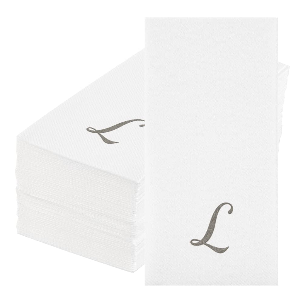 Restaurantware Luxenap - Servilleta rectangular de papel blanco con letra L plateada, puesta al aire, fuente cursiva, 15 3/4 x 8 pulgadas, caja de 50 unidades