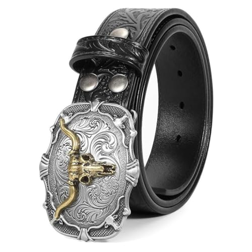 Men's Women's Embossed Western Floral Snap Belt,Stitched Strap with Engraved Gold Longhorn Bull Skull Head Buckle2