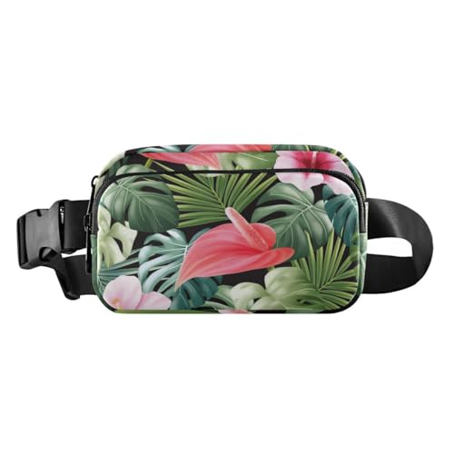 Akiraki ウエストポーチ レディース 軽量 ランニングポーチ おしゃれ ハワイ アロハ 花柄 エレガント グリーン スマホ対応 貴重品 小物入れ ウォーキング ボディバッグ 大容量 防水 防汗 ウエスト バッグ ユニセックス 斜め掛け 自転車 ジョギ