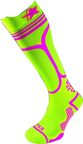 TKS Compresion CALCETIN Largo IBERO 02 Amarillo Fluor/Rosa, para Running, Triatlon, Ciclismo, Senderismo, Crossfit, TRX (S(36-39))