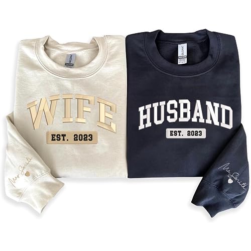 Custom Embroidered Wife & Husband EST 2023 Sweatshirt Hoodie, Embroidered Custom Name On Sleeve With Initial Hearts, Perfect Couple Gift