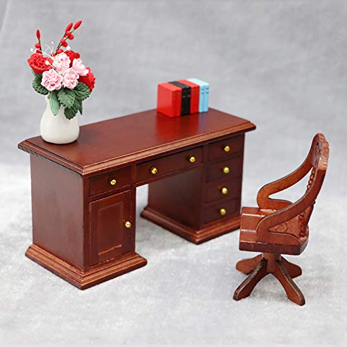 Mini Desk Chair Miniature Dollhouse Furniture Accessories 1/12 Scale Wooden Dollhouse Writing Desk Chair Set Retro Miniature Desk For Room Decor A #TOP3