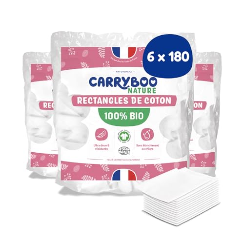 CARRYBOO - Cuadrados de algodón para bebé, 100% orgánico, pieles normales y sensibles, juego de 6 unidades, ultra suaves y resistentes, hipoalergénicas, blanqueadas sin cloro, para toda la familia