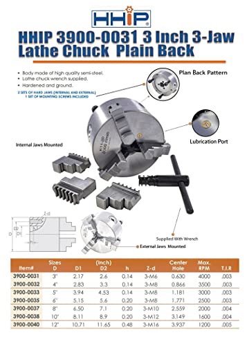 Hhip 3900-0031 3 Inch 3-Jaw Lathe Chuck, Plain Back #TOP6