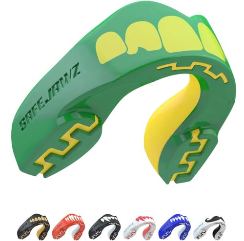 Image of SAFEJAWZ Mouth Guard, Dual Layer Mouthguard for Adults with Case, Easy Fit Remoldable Mouthpiece for Football, Boxing, Lacrosse, MMA, Basketball & All Contact Sports (Adult 12+ Years, Ogre Green)