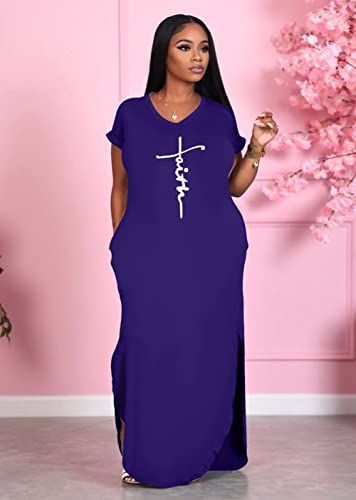 Image of Women Summer V Neck Loose Side Split Maxi Dresses with Pocket