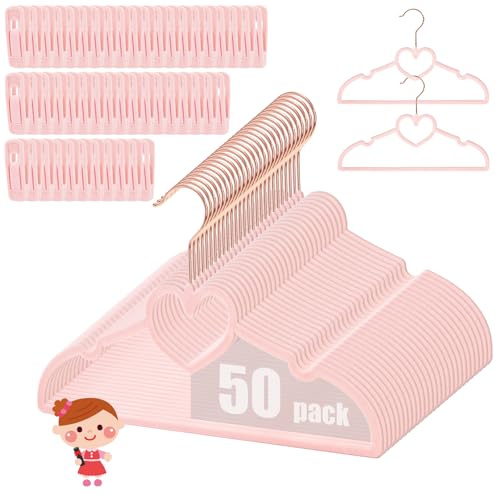 Image of Coloch 50 Pack Pink Velvet Hangers for Kids, 12.8 in Non-Slip Baby Hangers with 20 Clips for Closet, Space-Saving Slim Felt Children Clothes Hanger for Nursery, Preteen, Coat, Dress, Shirt