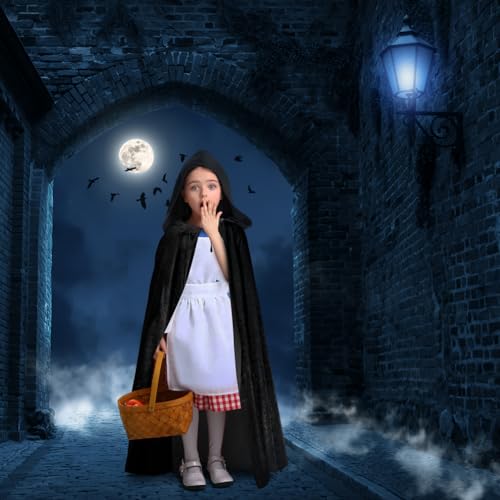 AOOWU Schwarzer Umhang, Mittelalter Umhang Kapuzenumhang, Junge,Mädchen Halloween Umhang mit Kapuze, Umhang kostüm Cape Satin, Umhang Kostüm Mantel für Halloween Weihnachten Karneval Kostüm