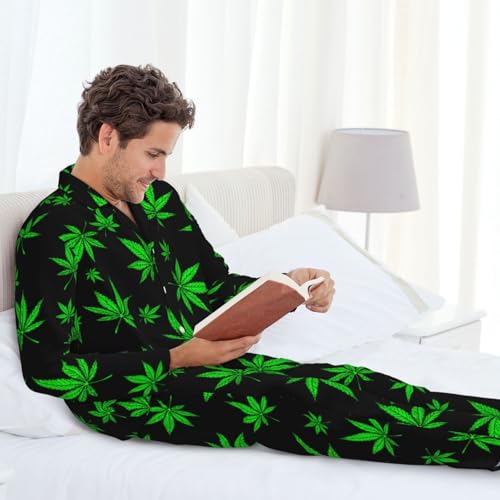 Cannabis Leaf Male Pajamas Long Sleeve Pajama Set Button Down PJ Pants Sets Nightwear Soft Comfy Casual Homewear4
