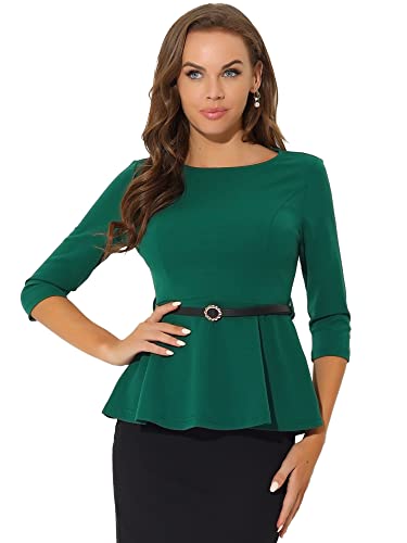 Allegra K Peplum Tops for Women's 3/4 Sleeve Belted Elegant Teacher Business Work Blouses