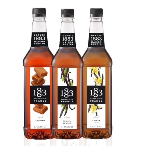 1883 Vanilla, Caramel, French Vanilla Syrups (Café Variety Pack) for Coffee &amp; Drinks – 1 Liter Plastic Bottles (Pack of 3)