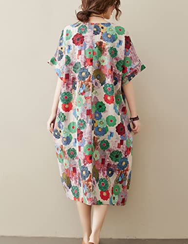 Image of LUZU JUNU Women's Summer Baggy Plus Size Loose Cotton Linen Long Boho Beach Dress with Pockets