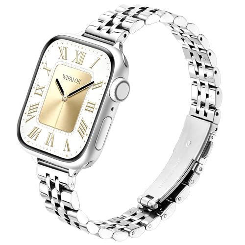 Image of Wipalor Thin Classic Metal Chain Band Fit Slim Apple Watch Bands for women 42mm 41mm 40mm 38mm, Dressy Designer Stainless Steel iWatch Bands for iPhone Watch Band Series 11 10 9 SE 8 7 6 5 4 3 2 1-Silver