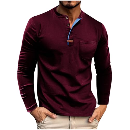 Mens Cotton Long Sleeve Tee Shirts Quarter Zip Up Pullover Fall Casual Stylish Blouse with Front Pocket Plain Tops Wine
