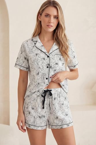 Image of LUBOT 100% Cotton Pajamas for Women 2 Piece PJ Set Poplin Woven Lightweight Ladies Button Short Sleeve Sleepwear S-XXL