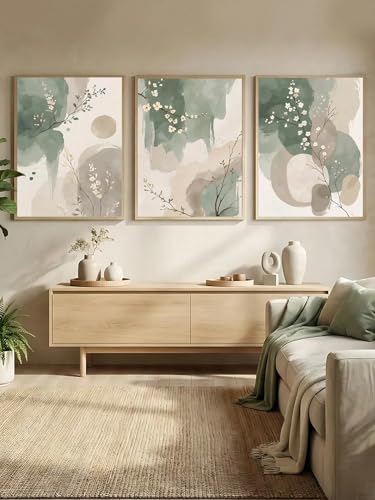 Feuilles vert sauge et beige sur lot de 3 toiles murales 40x60 cm