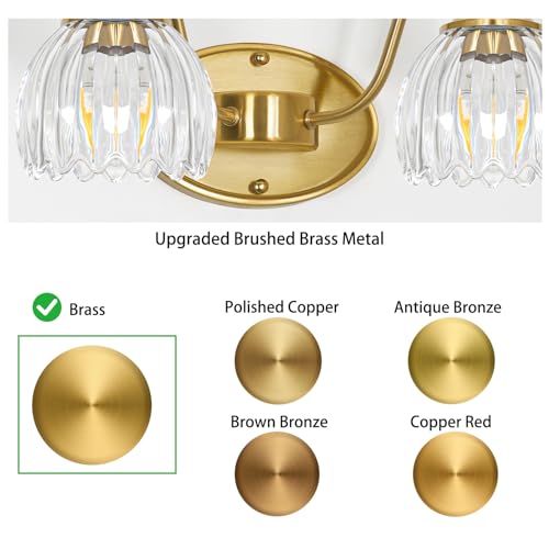 Image of Vintage Bathroom Vanity Light Fixture Over Mirror, 2-Light Brushed Gold Bathroom Wall Sconce with Clear Glass Shades, Antique 15in Gold Vanity Lighting for Bathroom, Farmhouse, Hallway, Dressing Room