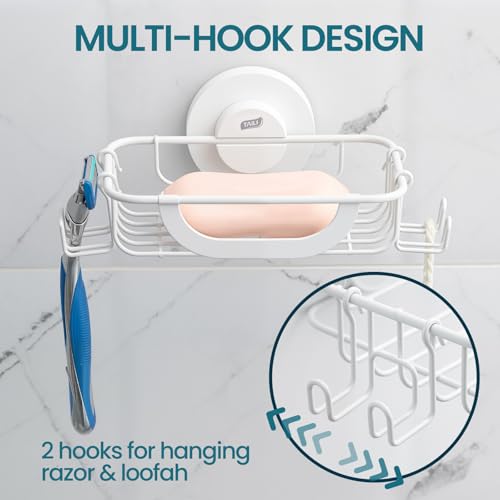 Image of TAILI Soap Holder, Soap Dish Suction Cup with Hooks, Stainless Steel, White