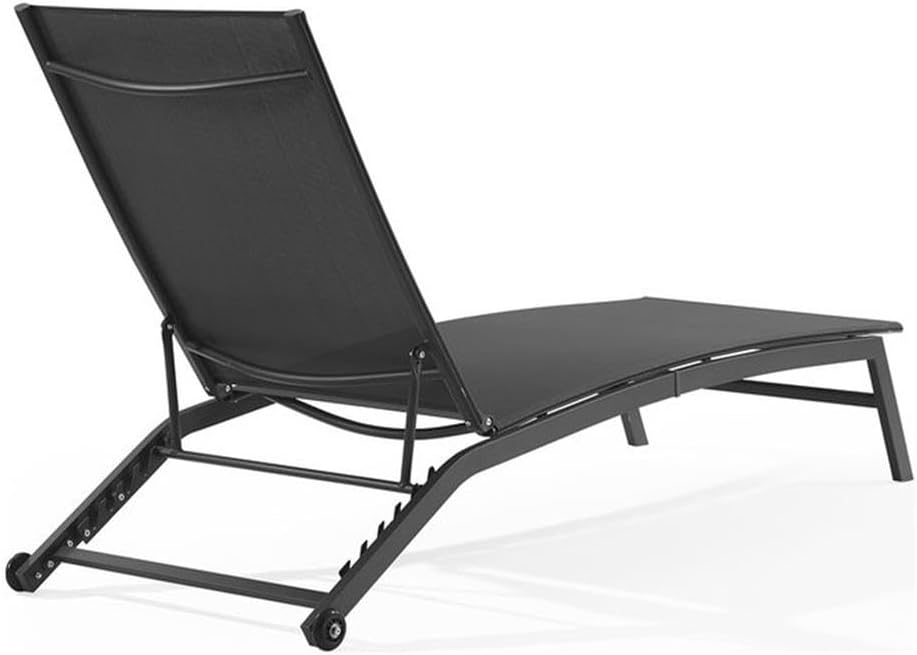Pemberly Row Outdoor Chaise Lounge Chair, Charcoal Textilene Sling Fabric, Matte Black Powder-Coated Steel Frame, Six-Position Adjustable Backrest, Wheeled Design, Durable UV-Resistant Patio Furniture
