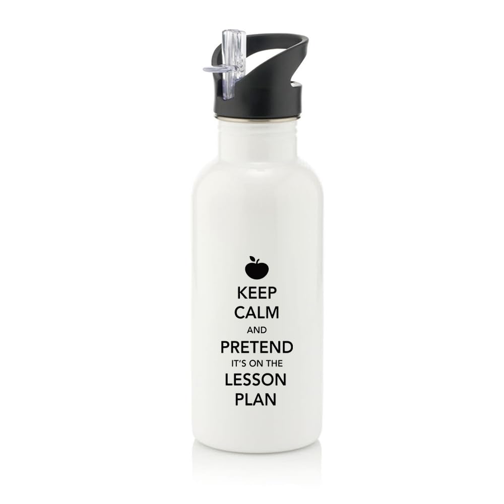 Giftme Keep Calm and Pretend It's On The Lesson Plan, Best Teachers Presents, Stainless Steel 600ml Water Bottle with Straw. (White)