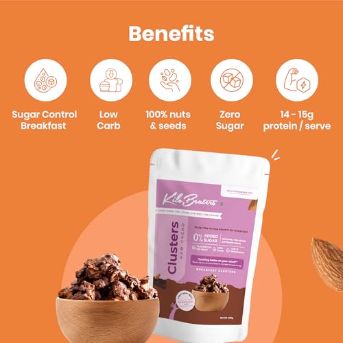 Image of Kilobeaters Clusters Muesli, Low Carb Breakfast Cereals With High Protein, No Added Sugar, Diet Food, Raw Cacao (400 gm) Pack of 1