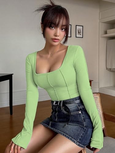 Image of Sugathari Women's Black Solid Long Sleeve Wrap-Style Square Split Crew Neck Bodycon Women T-Shirt Spring and Summer Top, Minimalist and Fashionable for Everyday Casual Wear Tops (T-Shirt 181)