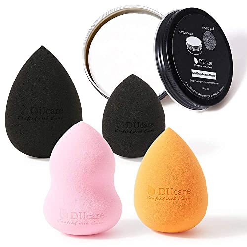 4pc makeup blenders - DUcare Makeup Sponges 4pcs + Sponge Cleanser Soap 1pcs Foundation Sponge Set Beauty Makeup Blender Multi-colored