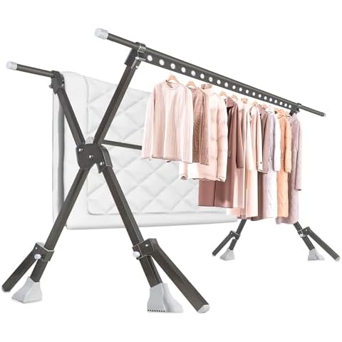 REAWOW 91 inches Folding Clothes Drying Rack Length Adjustable Laundry Clothes Drying Racks Indoor Outdoor Free Installed Collapsible Heavy Duty Foldable Drying Rack with 42 Windproof Hooks Cover