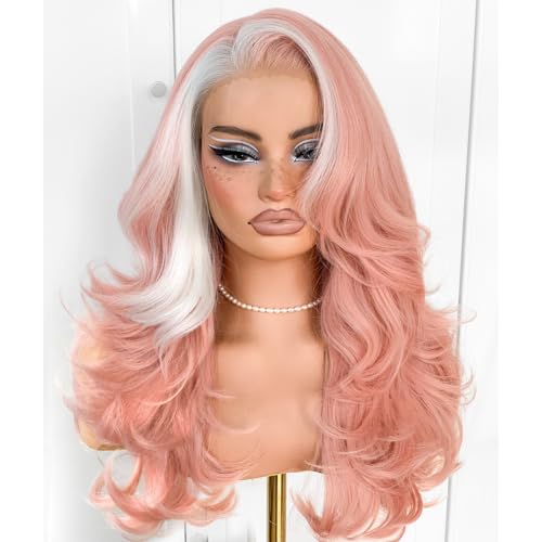 MITIMES Pink Skunk Stripe Voluminous Feather Layered Hair Flip Out Preplucked Precision-Precut-cut Ready-to-Go Glueless 13x6 HD Synthetic Lace Front Wig