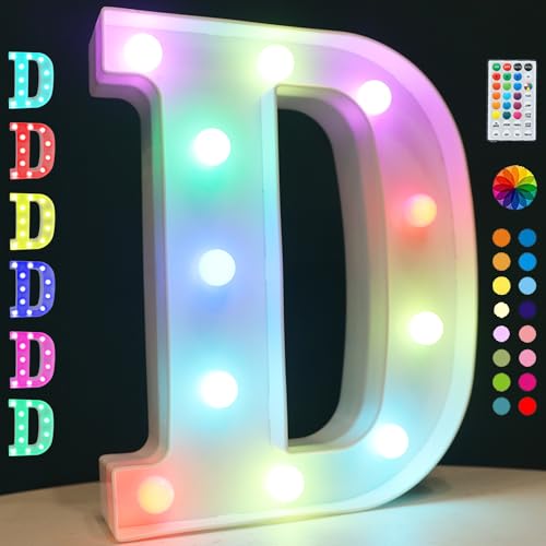 Image of Light Up Colorful LED Marquee Letter lights, 18 Colors Changing Alphabet Letters Sign with Remote Timer for Night Light Girls Bedroom Wedding Birthday Party Lamp Christmas Home Bar Decor- Colorful D