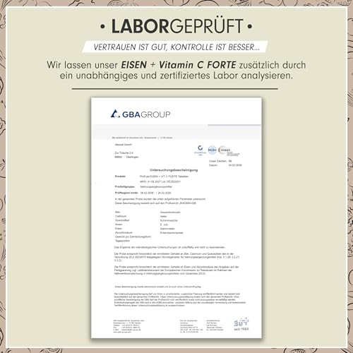 Eisentabletten hochdosiert 360x mit 40 mg Eisen + Vitamin C (40 mg) aus Hagebutten - EISEN + Vitamin C INTENSE mit hochwertigem Eisenbisglycinat - laborgeprüft mit Zertifikat - 2x 180 Tabletten 5