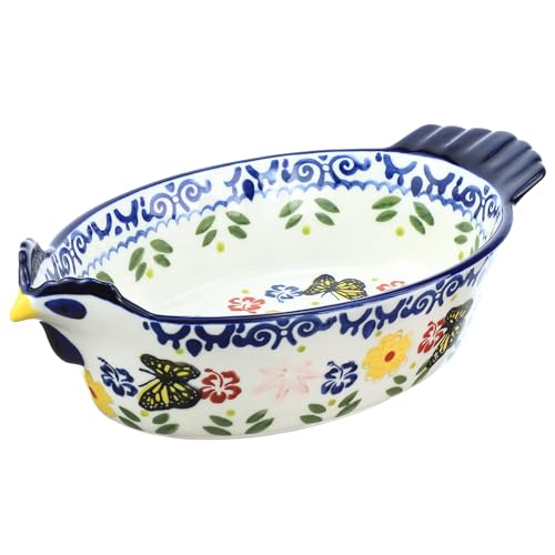 Bicuzat Vintage Butterfly and Flower Pattern Pie Pan Chicken Shape Ceramic Bakeware Casserole Dish Baking Pan Bakers Lasagna Pans Soup Bowl Baking Dish for Oven to Table-Blue-25 OZ