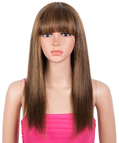 Rebecca Fashion Straight Human Hair Wigs with Bangs for Black Women Machine Made Glueless Human Hair Wig with Bangs (20" Straight Wig, Ombre Brown Blonde)