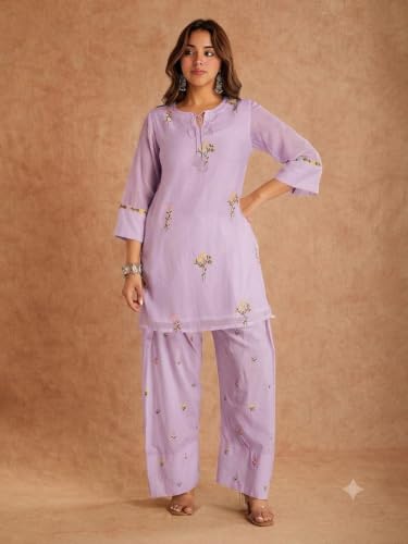 Image of ANNI Designer Farshi Salwar Suit for Women Viscose Embroidered | Co Ord Set for Woman | Straight Kurta Palazzo Outfit Round Neck V Slit 3 /4 Sleeve Ethnic Dress Womens Clothing