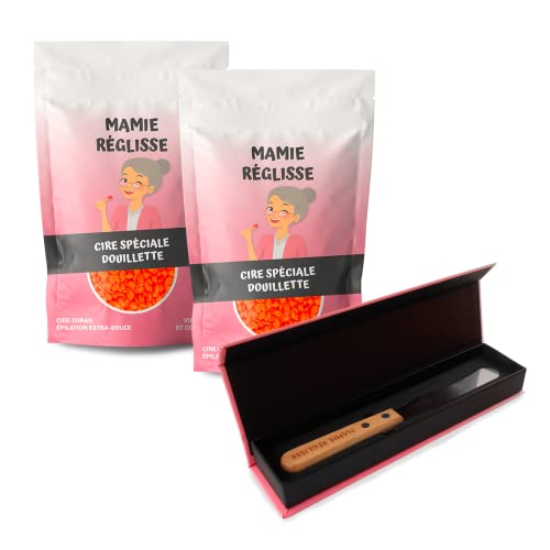 Pack Épilation Corail Spécial Débutante Mamie Réglisse - 2 Sachets de 200g de Cire Chaude sans bande Corail - 1 Spatule épilation Incurvée Cover