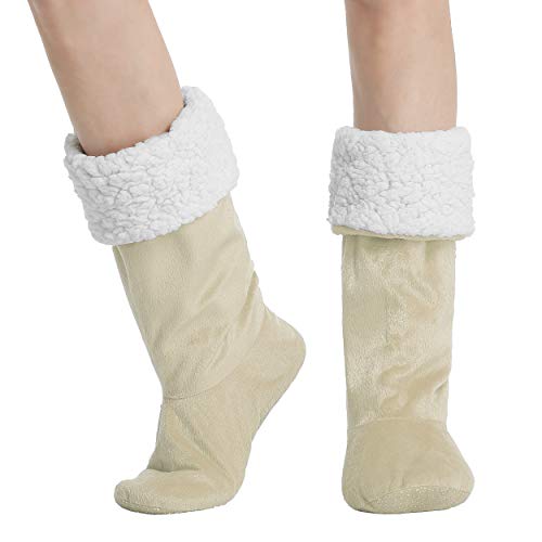 Cozy Non-Skid Sherpa Slipper Socks, Super Soft Warm Fuzzy Lined Booties Slippers, Latte