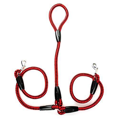 Kuntrona Braided Double Dog Leash Nylon 2 Way Coupler Rope Two Dogs Walking Leads 4 Colors 50 Inch Length for Small Breeds Red Black M