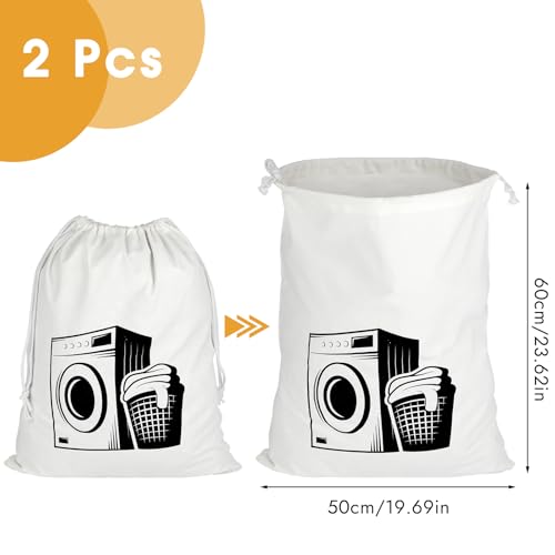 2 Stück Wäschebeutel Reise, Baumwolle Wäschesack Reise, Wäschesack Groß mit Kordelzug, Wiederverwendbar Wäschebeutel Schmutzwäsche, Faltbarer Laundry Bag zur Kleideraufbewahrung, 60 x 50 cm, Weiß