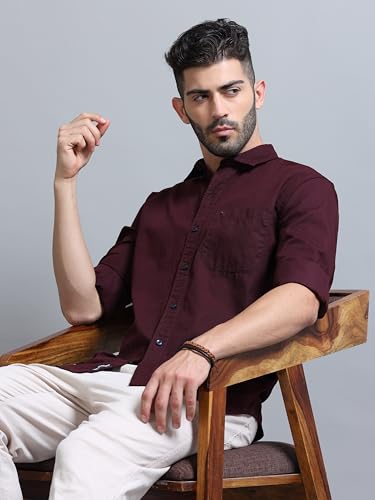 Image of Men Slim Fit Solid Spread Collar Casual Shirt