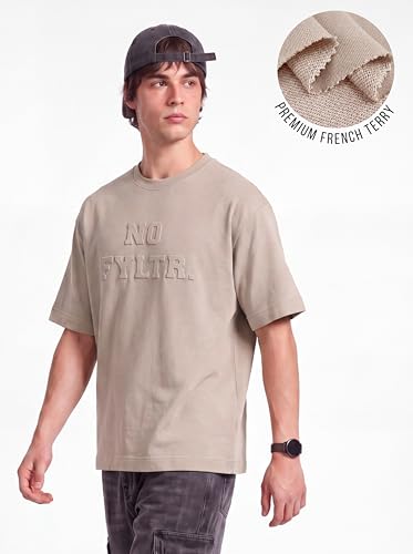 Image of FYLTR Men's Casual Solid T-Shirt for Men - Embossed tee | Crew Neck | Drop Shoulder | Half Sleeve | Oversized Fit | Casualwear for Men | High GSM Fabric | French Terry | Loose Fit