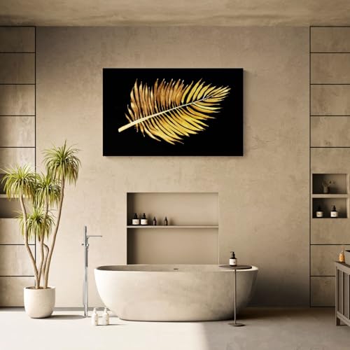 Image of ARTEBELLA Gold Palm Leaf Canvas Wall Art, Black Background, Tropical Botanical Print, Home Decor (22 X 33)