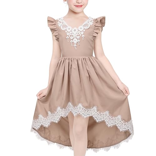 Sunny Fashion Girls Dress Lace Hi-lo Hollow Back Ruffle Sleeve Party Pageant