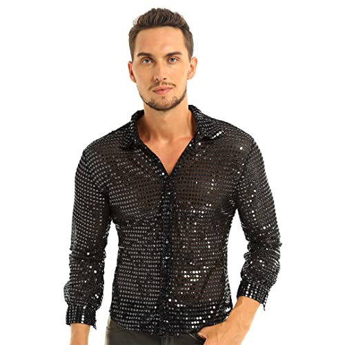 Camisas de esmoquin para hombre con lentejuelas brillantes transparentes de malla de manga larga para fiesta nocturna Cover