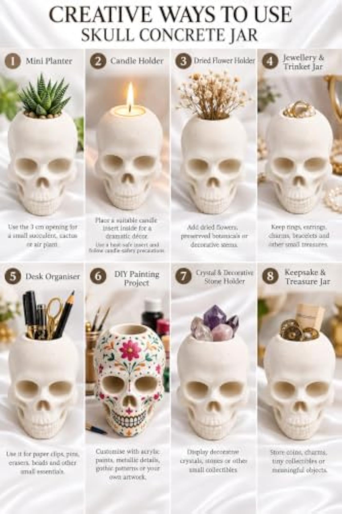 Skull Concrete Jar Eco Resin Textured Shaped Decorative Container Unique Mini Planter for Succulents Cactus and Plants Gothic Home Dc