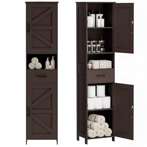 Image of Homhedy 67" H Tall Bathroom Storage Cabinet with 2 Barn Doors and 1 Drawer, Narrow Storage Unit, Adjustable Shelves, Floor Cabinet for Bathroom, Living Room, Entryway, Kitchen, Brown, (15.7" W)