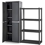 Sterilite 4 Shelf Plastic Storage Unit Bundled with Easy to Assemble Storage Cabinet for Garage, Pantry & Kitchen Organization, 4 Shelves, Gray