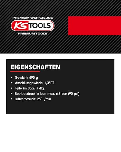 KS Tools Druckluftpistole Satz 3-tlg. 515.1921 I 6,3 Bar, 90 dBA I Ausblaspistole mit Düsen von 95-510mm - 1/4 NPT I Luftdruckpistole mit Aufhängefunktion