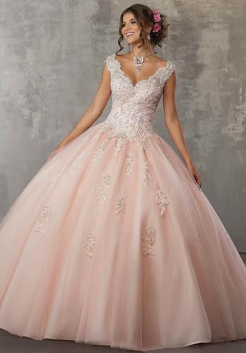 Laces Tulle Quinceanera Dress Appliques Beaded Sequins V-Neck Ball Gown Prom Dresses ZS084