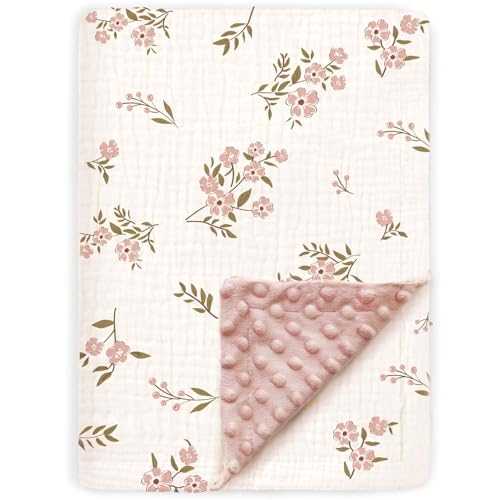 Image of BOPRIO Muslin Baby Blankets for Girls Super Soft Nursery Minky Blankets with Breathable Muslin Cotton Front and 3D Touch Dotted Fleece Backing, Pink Floral Printed Bed Throws Newborn 30 x 40 Inch