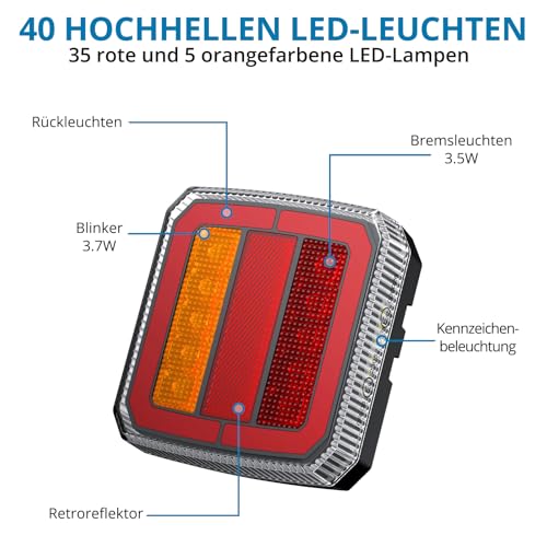 AUTOUTLET LED Anhänger Rückleuchten, 12-30V 40 LED Universal Rückleuchten Set Anhänger mit 7,35M Kabel, 7-polig PKW LKW Beleuchtung Wasserdichte IP65 & E57 E9 Mark für Caravan Vans - Schraube-Montage